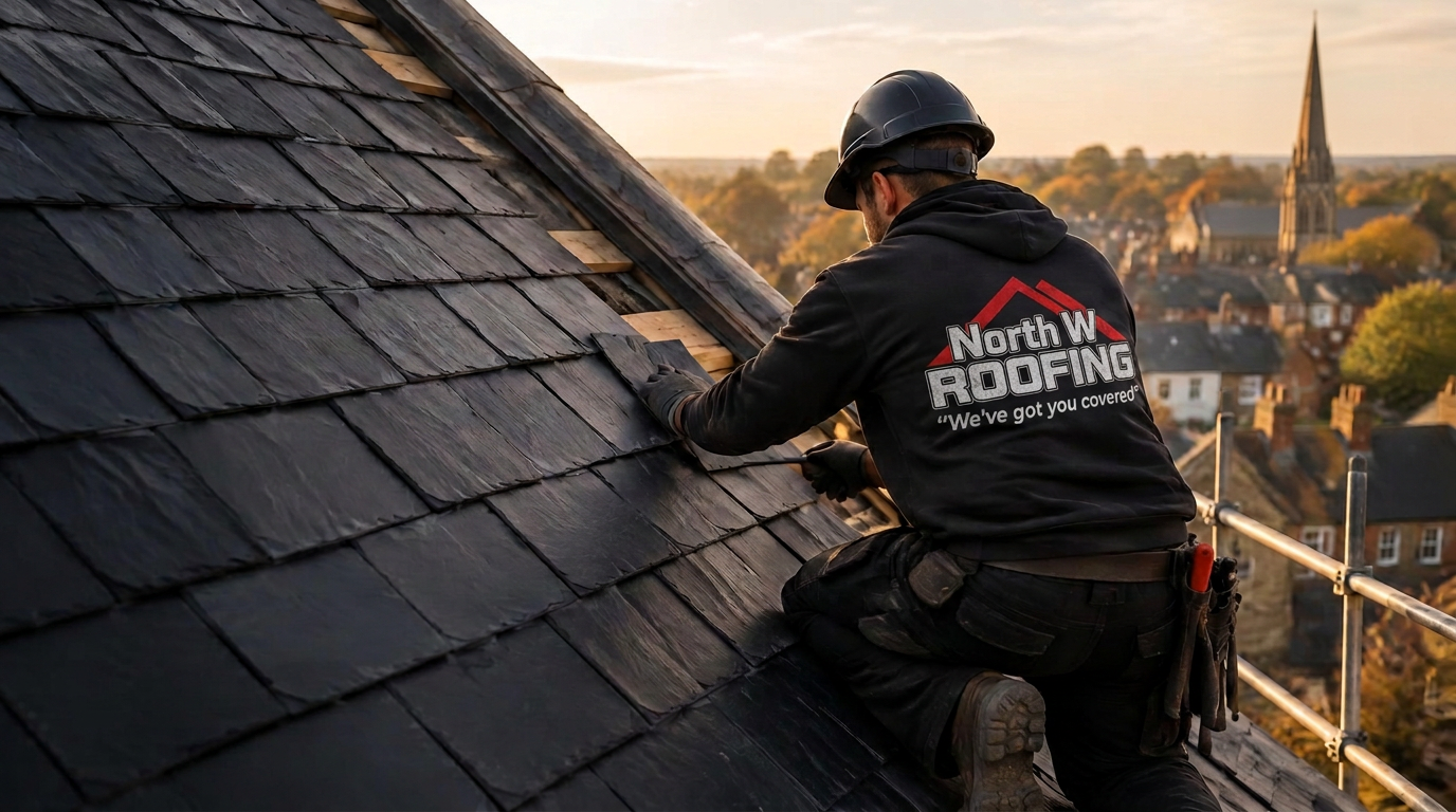North W Roofing roofer laying slate tiles overlooking Preston