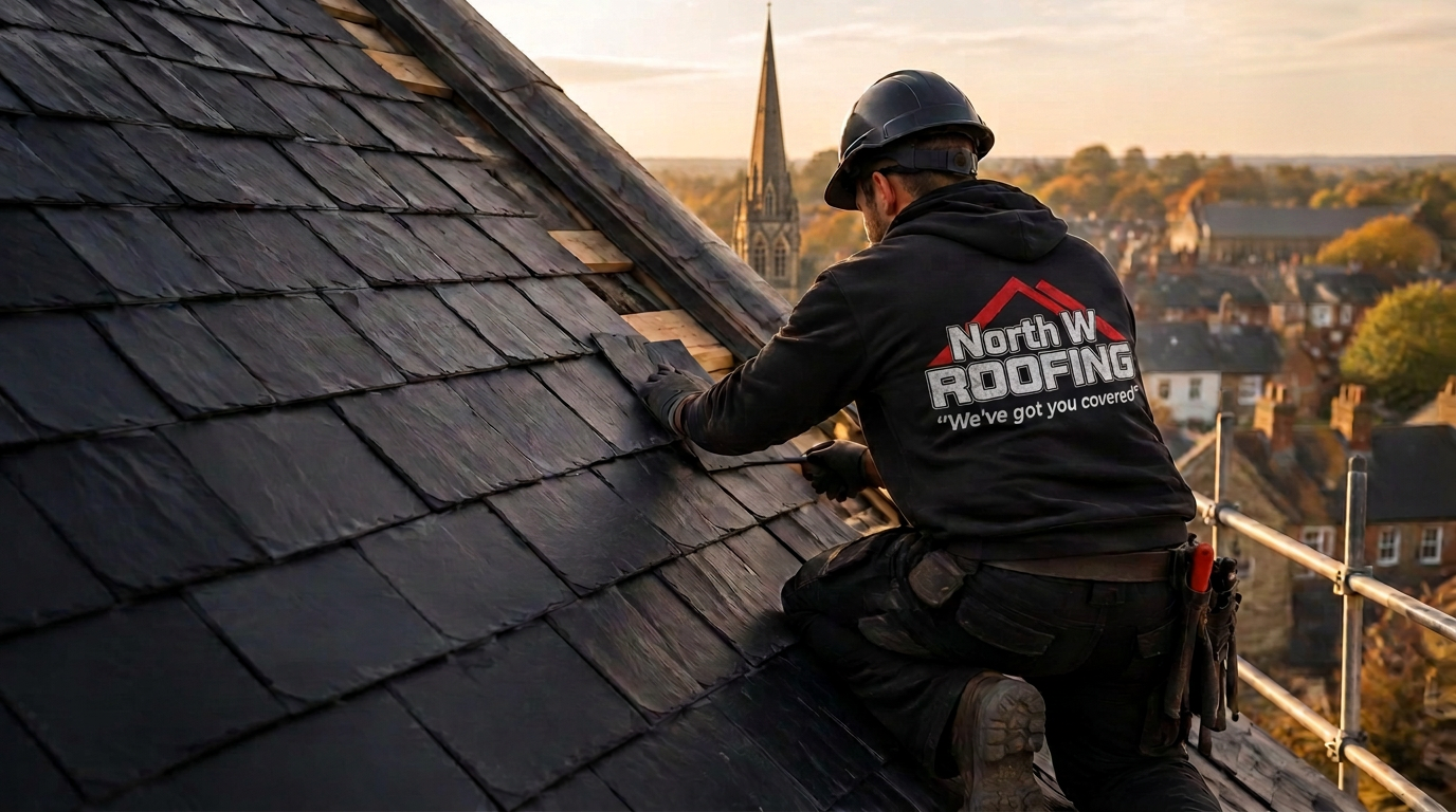 North W Roofing roofer laying slate tiles overlooking Preston